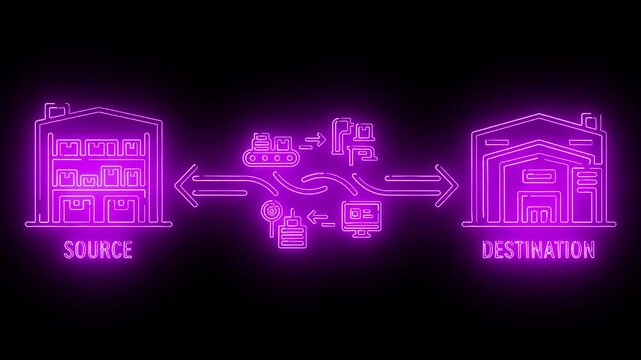 Neon-lit graphic illustration of a logistics process with source and destination warehouses connected by arrows and intermediate icons on a black background with purple hues.