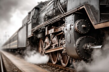 Obraz premium An impressive vintage steam locomotive with passenger cars, showcasing powerful machinery and classic design, billowing steam on the tracks with dramatic effect.