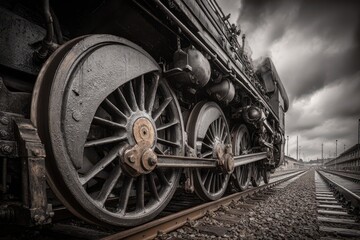 Fototapeta premium Vintage steam train with detailed wheels, showcasing the age of steam power, against dramatic stormy clouds, representing the bygone era of rail travel in Europe.