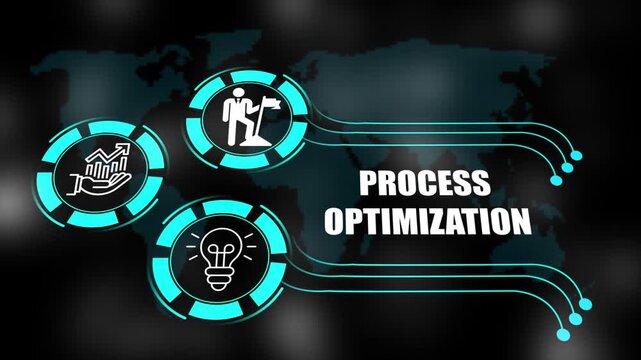 process optimization  concept with icons of business, responsibility, customers, integrity, goals, teamwork, commitment and innovation. 4k animation.