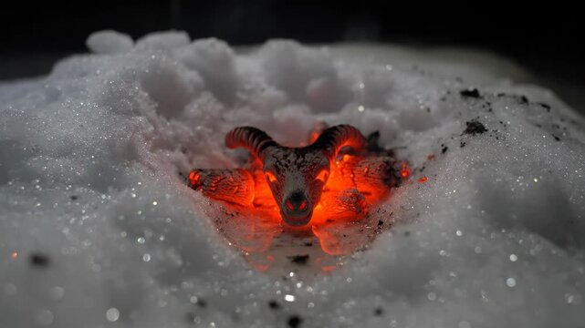 Glowing ram skull shaped coal melting deep white snow. Hot embers forming fire pit with animal head silhouette. Winter outdoor survival and pagan ritual concept.