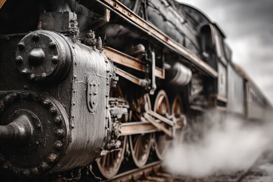 Detailed close-up of a vintage steam train, showcasing its robust engine and intricate mechanics under a muted, cloudy sky, evoking a sense of nostalgic travel.
