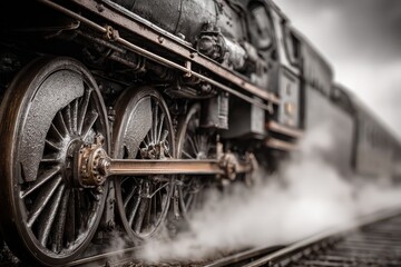 Fototapeta premium An antique steam engine billowing smoke in vintage, selective focus with close-up view of the majestic wheels and railroad tracks disappearing in the mist.