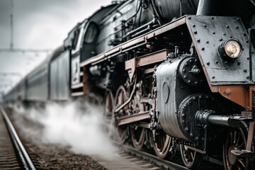 Obraz premium Vintage steam locomotive chugging along the tracks, emitting steam and creating a nostalgic scene, showcasing the elegance of a bygone era of railway travel.
