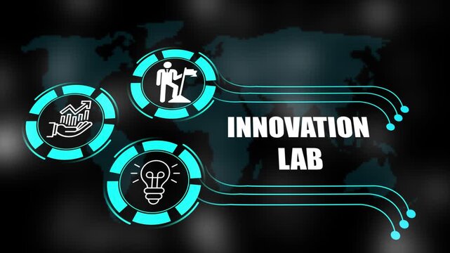innovation lab concept with icons of business, responsibility, customers, integrity, goals, teamwork, commitment and innovation. 4k animation.