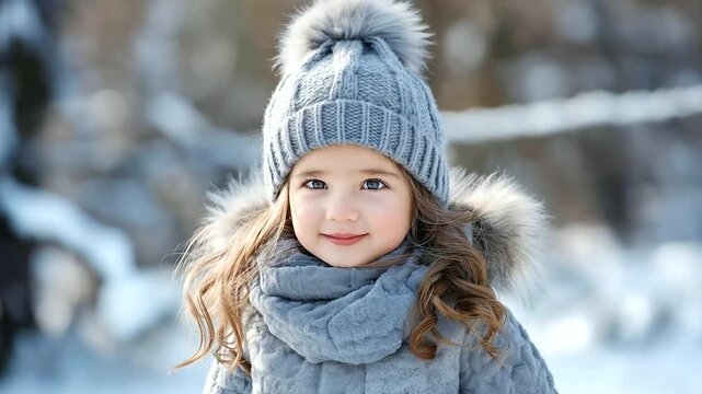Child in warm clothes with pompom hat outdoors, winter children's clothing advertising, family photo shoot scene, seasonal attire display, cold weather outfit, cozy winter wear,