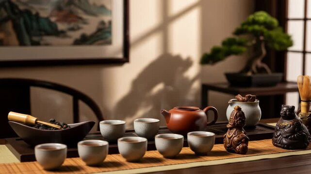 A serene table setting with a hand reaching for a small object amidst tea cups and decor