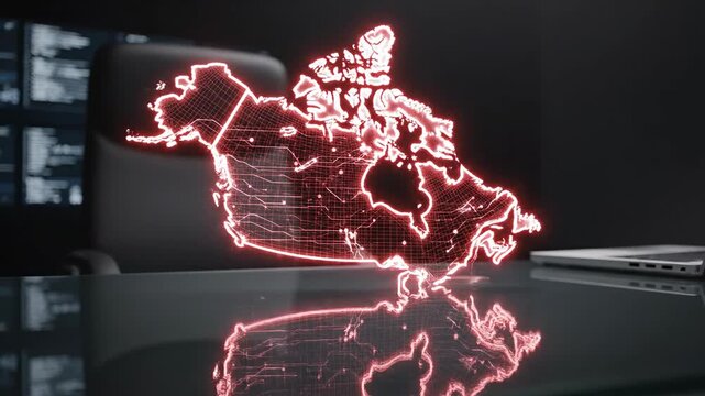 Holographic red map of Canada projected on desk in dark office. Digital geography wireframe model for data analysis, business strategy and global information.