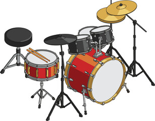 Fototapeta premium 3D illustration of complete drum set with snare bass drum toms cymbals and stool isolated on white background musical instrument concept for music design