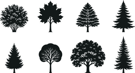 Fototapeta premium Collection of eight tree silhouettes, vector illustration of conifer, deciduous, broadleaf trees with diverse crown and foliage styles, flat vector illustration
