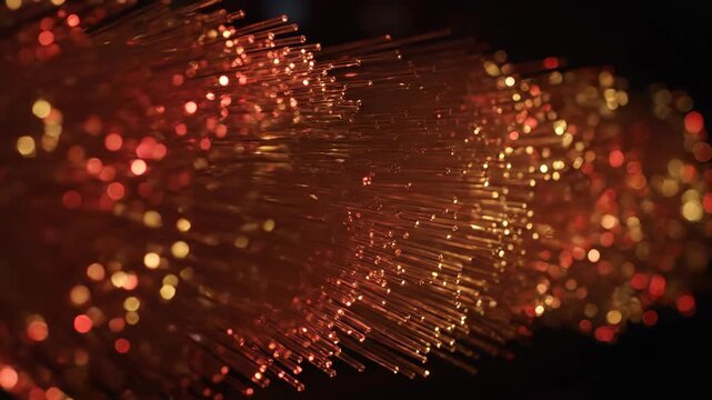 Fiber optic light strands glowing in darkness. High speed data transmission concept. Communication technology and network connection with orange bokeh abstract effect.