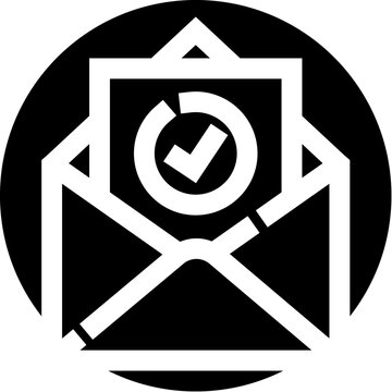 Envelope opening revealing a document with a circular checkmark icon, symbolizing confirmation, verification, and successful communication or approval in digital platforms