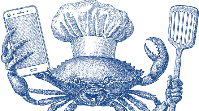 A crustacean chef in a hat, using a phone and spatula in a vintage-style, navy illustration
