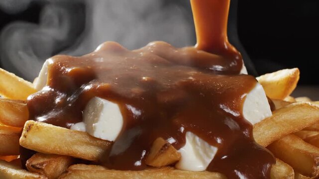 Hot brown gravy pouring over crispy golden french fries with white cheese cubes. Delicious canadian poutine snack preparation for culinary food texture background.
