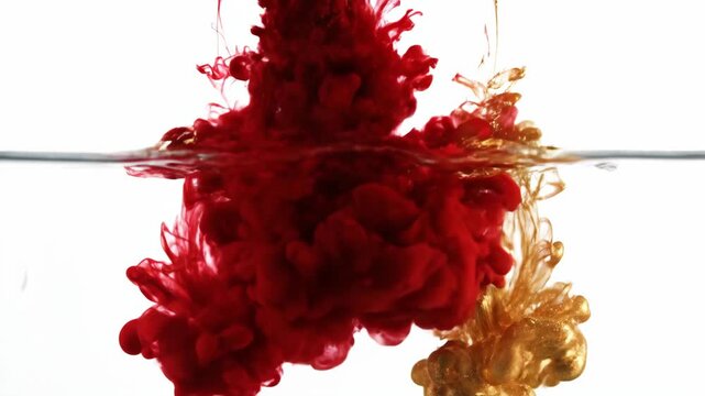 Red and gold liquid drops falling into clear water. Chemical reaction and paint diffusion in aquarium. Abstract art concept of mixing color elements in fluid.