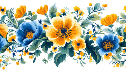 Ukrainian Petrykivka folk floral painting, blue and yellow flowers bouquet on white background, traditional botanical art, national colors Ukraine