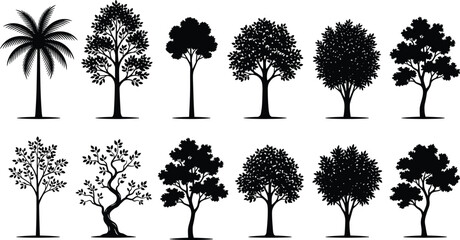 Obraz premium Tree silhouette illustration set, diverse species icons with symmetrical and irregular foliage patterns representing nature theme - flat vector illustration