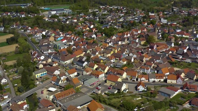 Panorama Aerial view of the city Hoffenheim in Germany on a sunny spring day 