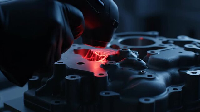 Technician uses a professional industrial laser scanner to perform non-contact measurement and precise quality control inspection on a metal engine part component.