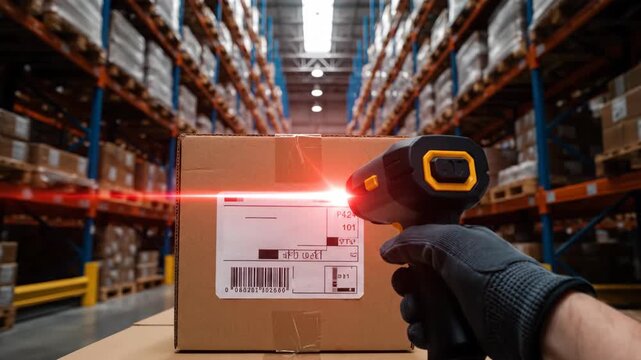Warehouse worker scans cardboard box with a barcode scanner. Logistics employee tracks parcel shipment in distribution center. Inventory management supply chain task.