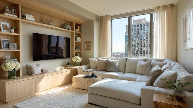 cozy contemporary living room featuring grey sofa built in wood shelving and warm fireplace for modern apartment interior