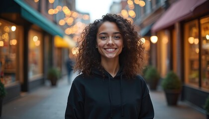 Obraz premium Young woman with curly hair wears black hooded sweatshirt on city street. She smiles happily outdoors near shops at twilight. Casual urban fashion style.