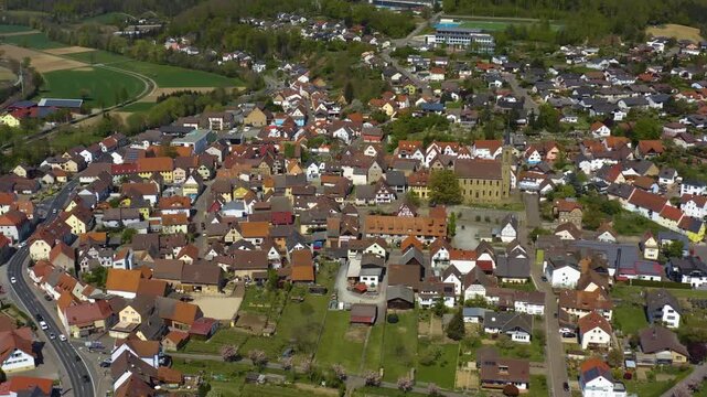 Panorama Aerial view of the city Hoffenheim in Germany on a sunny spring day 