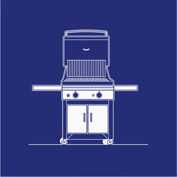 Illustration of a Modern Outdoor Gas Grill with Two Burners on a Blue Background