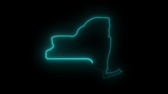 This video neon glowing color cyan New York map animated. Glowing neon New York map, black Background Effect 4K Video
