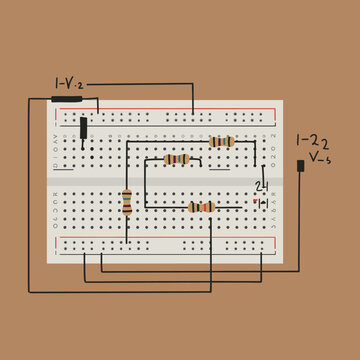 Breadboard circuit diagram illustrating resistors and connections for electrical experimentation.