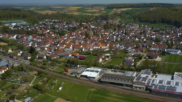 Panorama Aerial view of the city Hoffenheim in Germany on a sunny spring day 