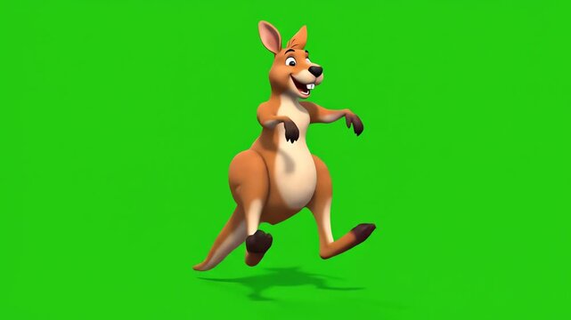 A cheerful cartoon kangaroo is dancing on a bright green screen with a playful and lively mood