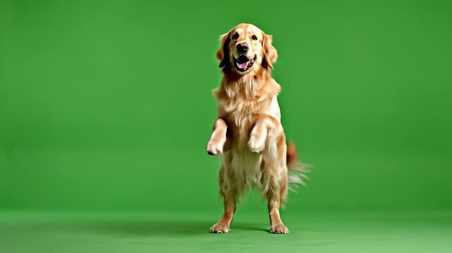 A golden retriever dog is dancing on its hind legs against a green screen background with a playful mood