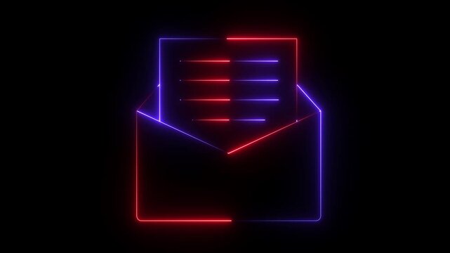 Glowing neon blue and red neon email illustration with document on black background communication concept.Email newsletter icon - Vertical neon outline animation. 4k video