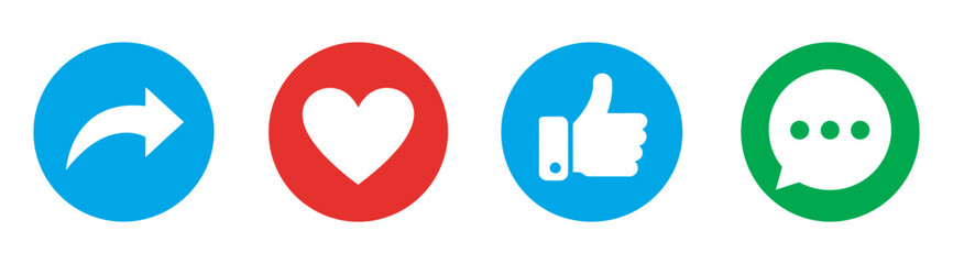 Like Share Comment Love Icon Set, social, media, reaction, notification, vector, thumb, up, heart, comment, repost, share, button, interface, ui, web, app, engagement, symbol, digital