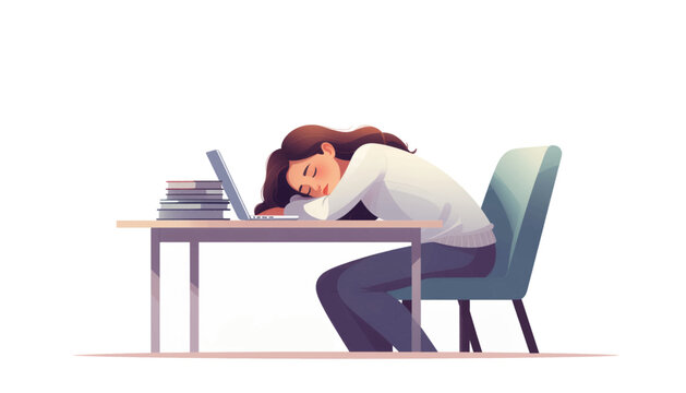 Woman sleeping at desk with laptop and books exhaustion