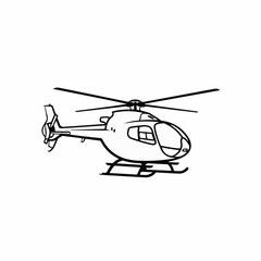 Fototapeta premium Single black outline helicopter vector illustration, isolated on a clean white background, ideal for transport, aviation, or emergency service design projects.