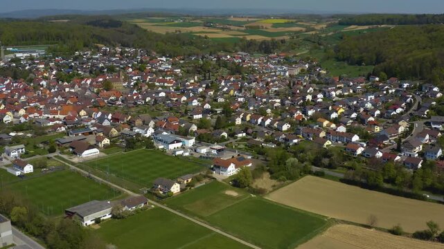 Panorama Aerial view of the city Hoffenheim in Germany on a sunny spring day 