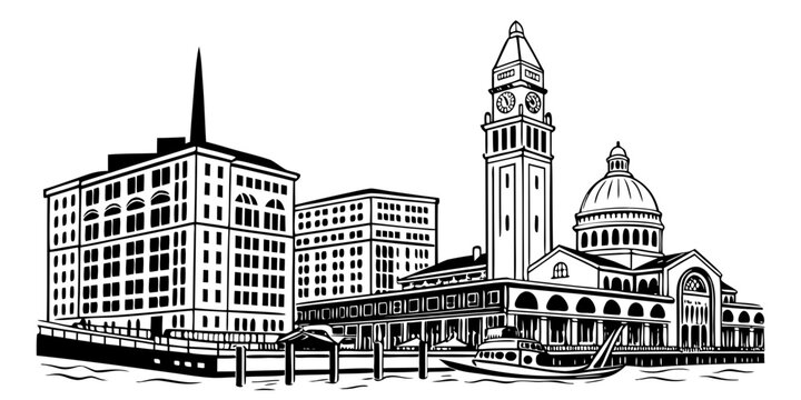 USA, US, U.S, United States - Boston harbor skyline minimalist black and white historic architecture poster 