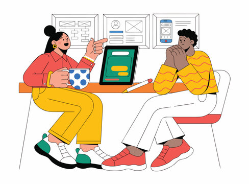 Flat Vector Illustration of Two Colleagues Discussing Project on Tablet in Modern Office with Charts