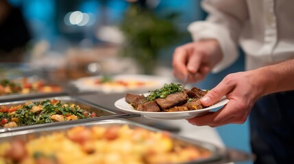 Naklejka premium Post-bariatric patient navigating St Patricks Day party, selecting protein-first appetizers from buffet spread, social situations with new eating patterns and confident choices, perfect for event