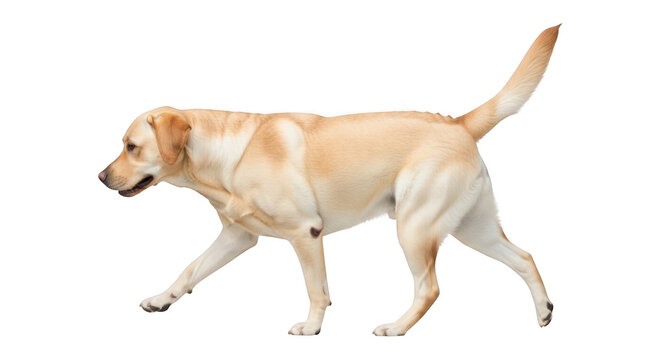 A light colored dog likely a labrador retriever walking to the left against a solid black background with tail up