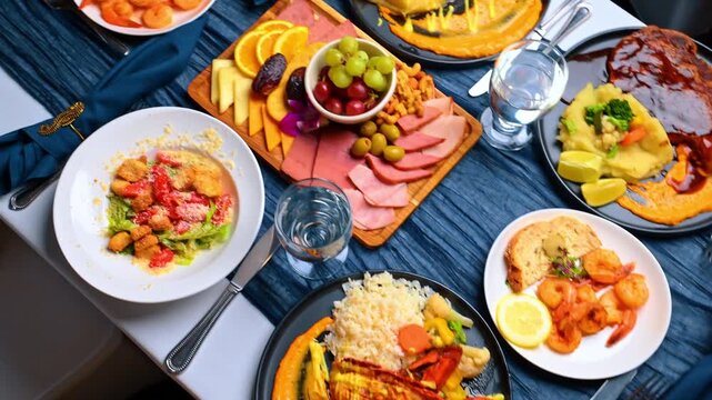 Top view of Mediterranean and seafood dinner assortment. Flat lay of various dishes including steak, lobster, salad, shrimp, and cheese appetizers on a textured blue cloth.