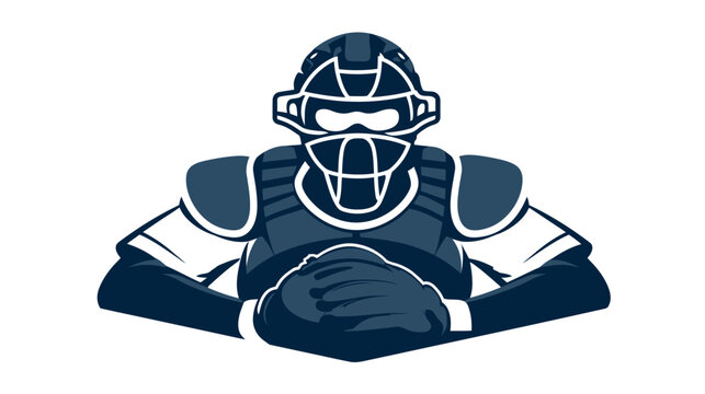 Stylized illustration of a baseball catcher in protective gear, arms crossed, and ready for action