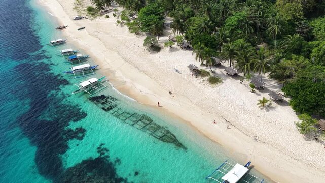 Cinematic drone video of tropical island in the Philippines  with azure blue water and beach