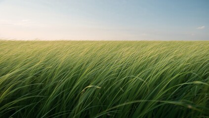 Fototapeta premium Swaying field of tall green grass bending in breeze across open meadow, horizon and wispy clouds