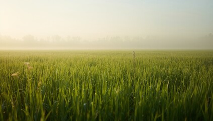 Obraz premium Swaying green cereal crop rising toward horizon during misty morning at farmland, with lone stalk