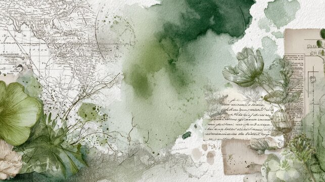 Vintage botanical collage with watercolor textures, antique map fragments, hand drawn florals and aged paper layers for rustic, travel and nature themed backgrounds and frames