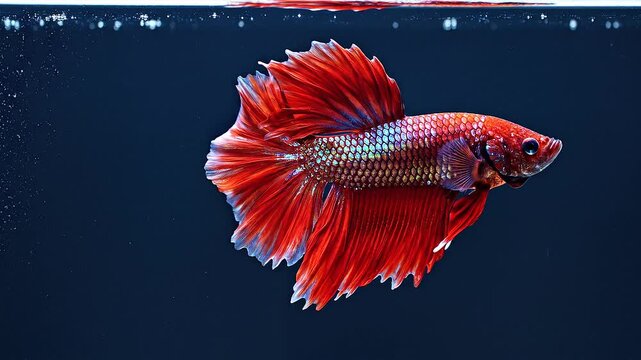 Red betta fish swimming in dark water