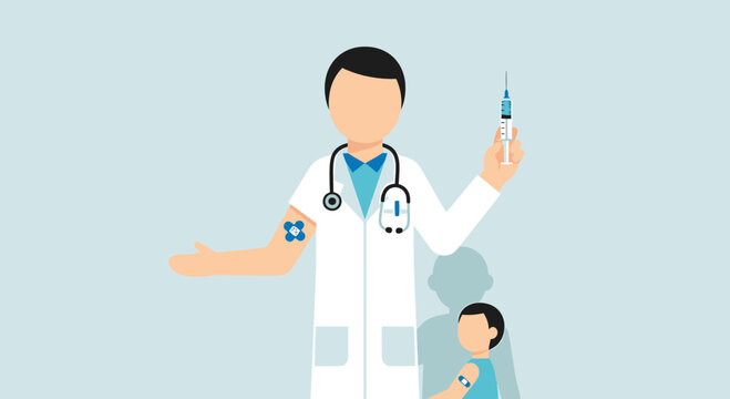 Doctor administering vaccine to child, vaccination concept, healthcare and immunization